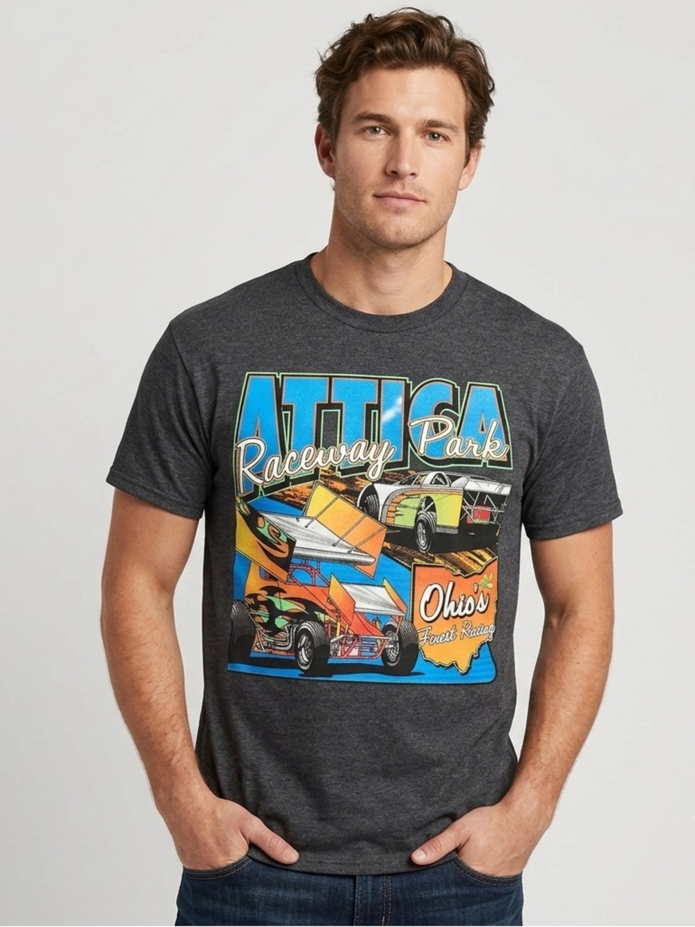 Vintage Attica Raceway Park Ohio Racing Graphic T Shirt Fruit of the Loom M